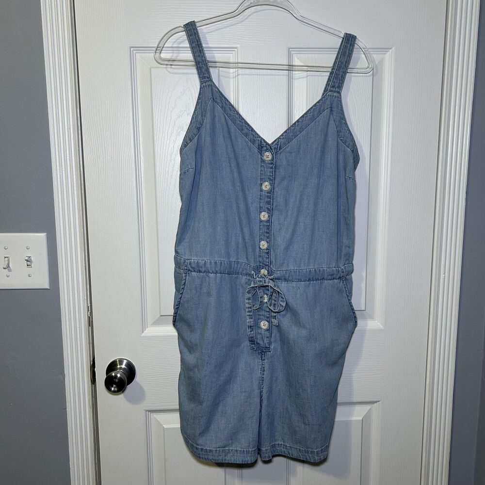 Gap Romper Women's 10 Blue Chambray Denim Sleeveless Button Front Drawstring NWT